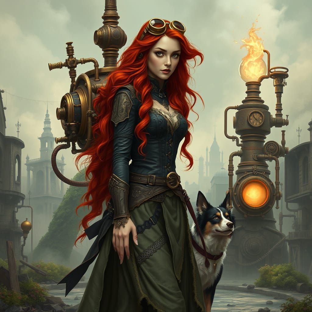 Beautiful female sorceress with long red hair walks through ...