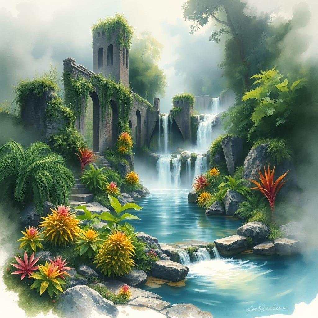 Lush Waterfall Scene in Impressionist Watercolor Style