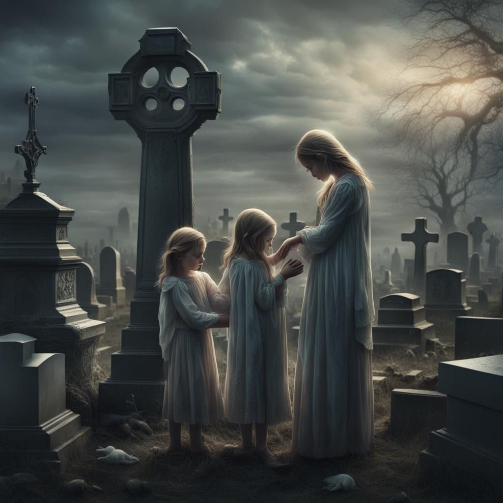 Children Grieving Loss in Cemetery: Digital Matte Painting