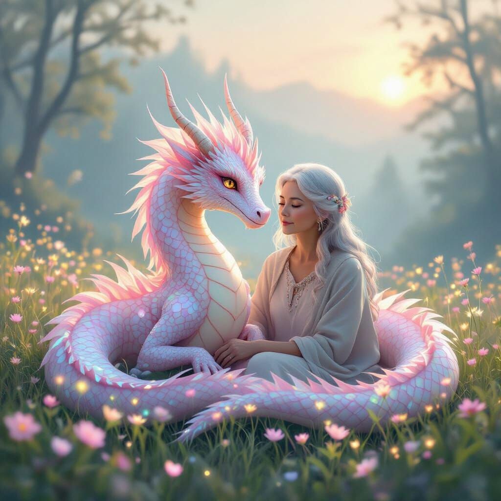Pink Dragon and Elderly Woman in Sun-Dappled Glade