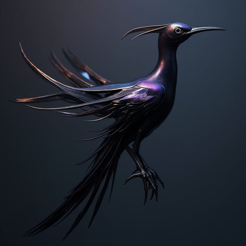 Sleek Black Bird with Metallic Wings in Futuristic Style
