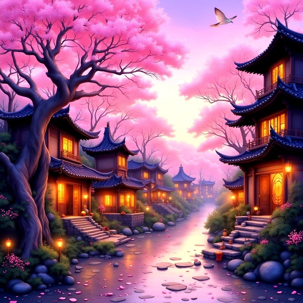 Dreamlike Watercolor Village at Dusk with Cherry Blossoms