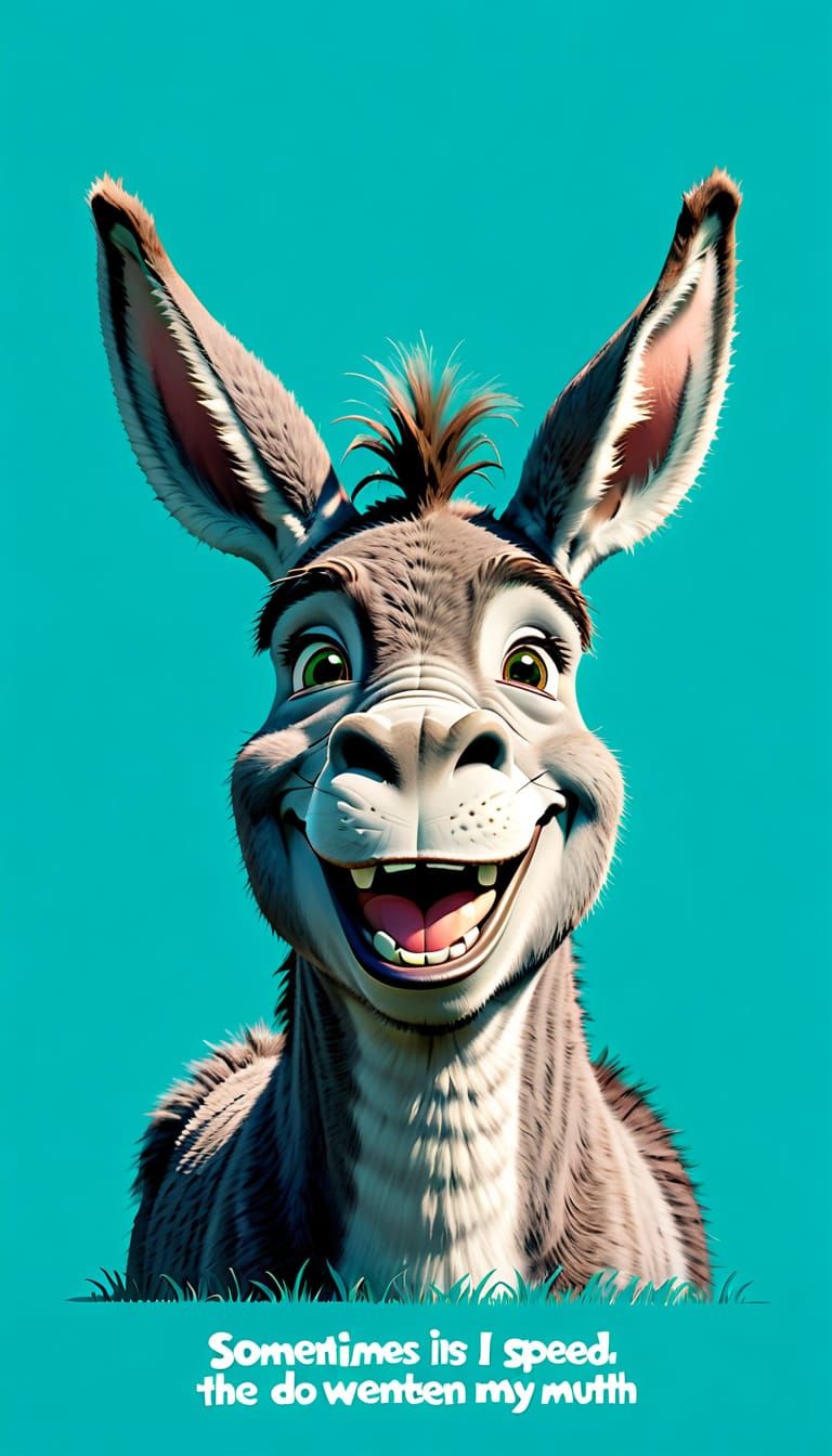 Surreal Cartoon Donkey Smiles in Teal Background