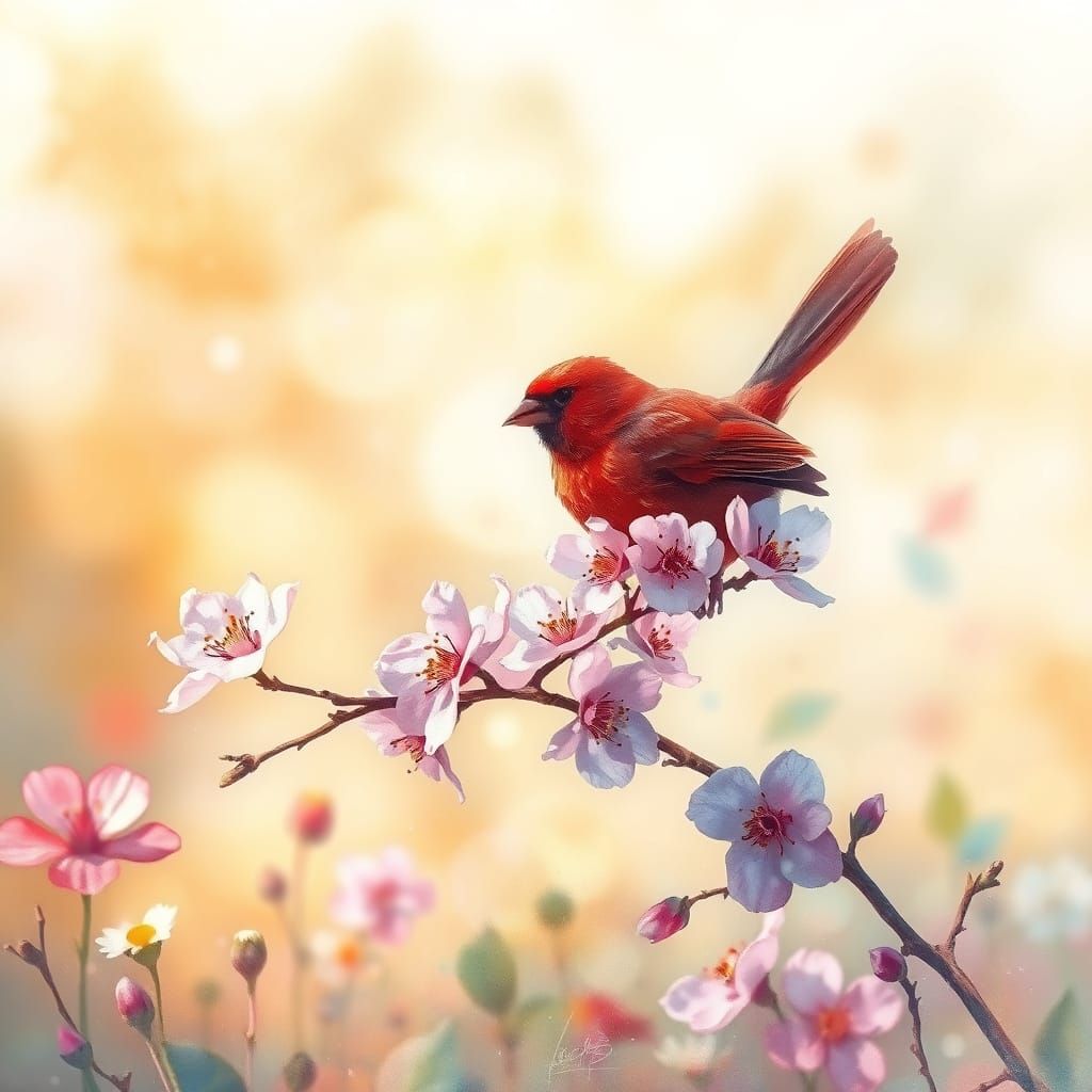 Ethereal Fantasy Watercolor of Red Bird in Whimsical Wildflo...