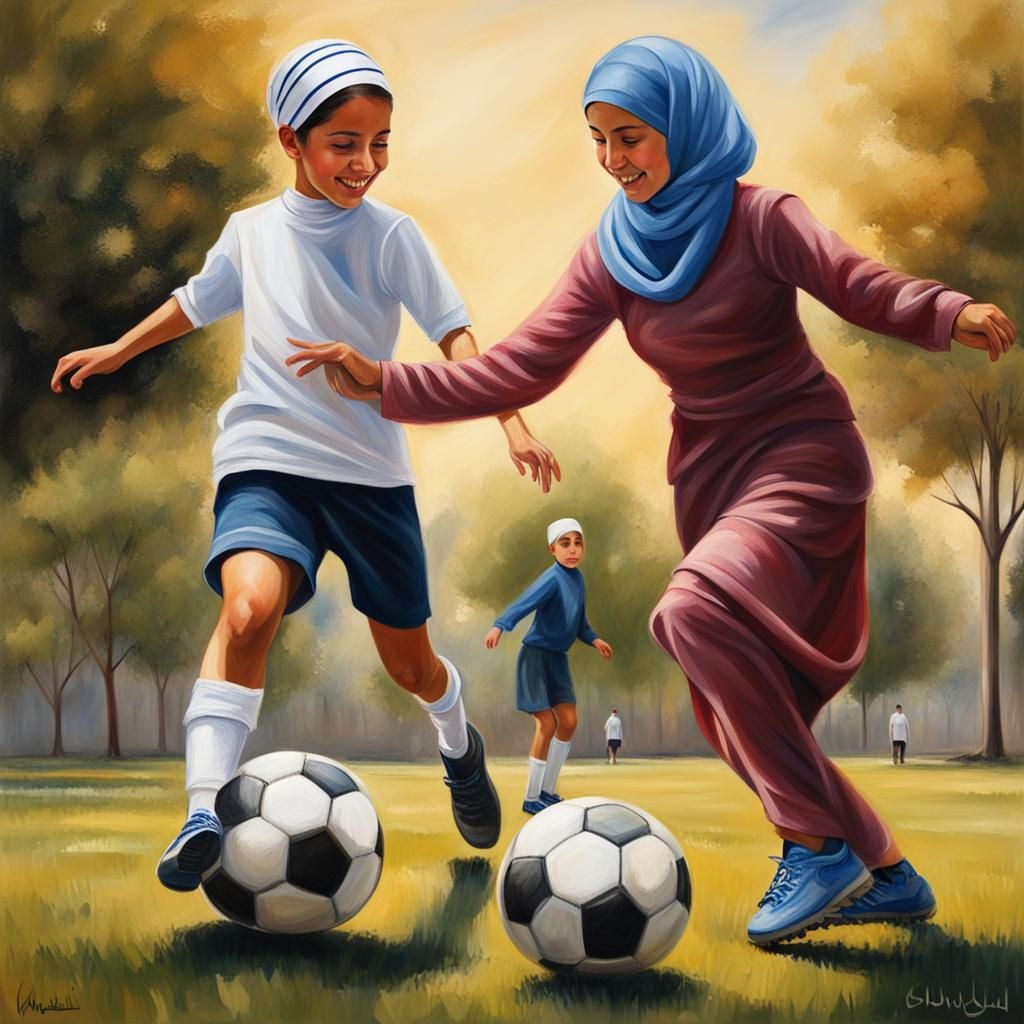 Jewish Boy and Muslim Girl Playing Soccer