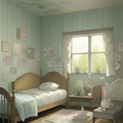 Watercolor Child's Bedroom with Bunny Wallpaper