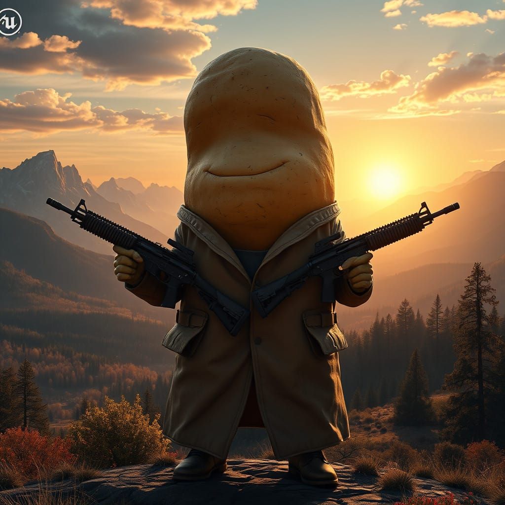 Heroic Idaho Potato in Leather Coat Grasping AR15s at Sunris...