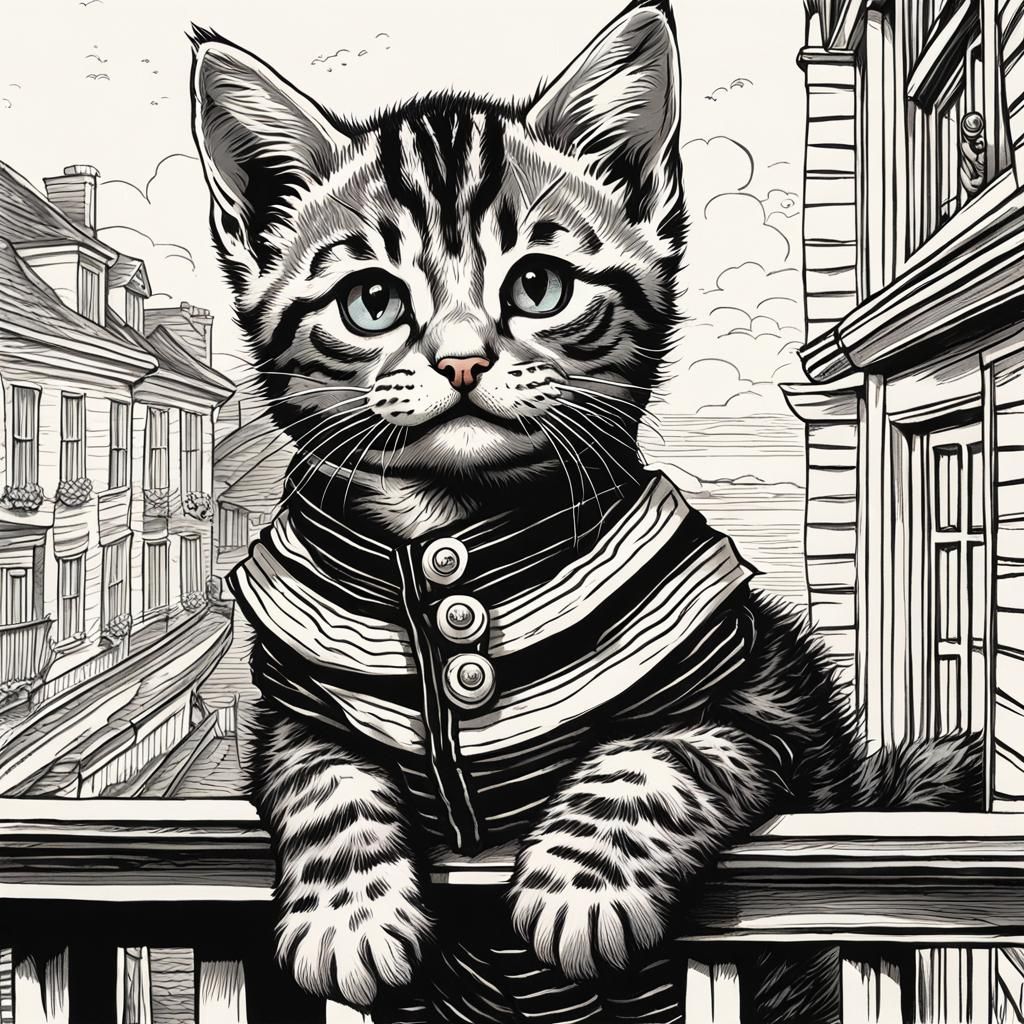 Tabby Kitten in Sailor Suit: Tenniel-Inspired Illustration