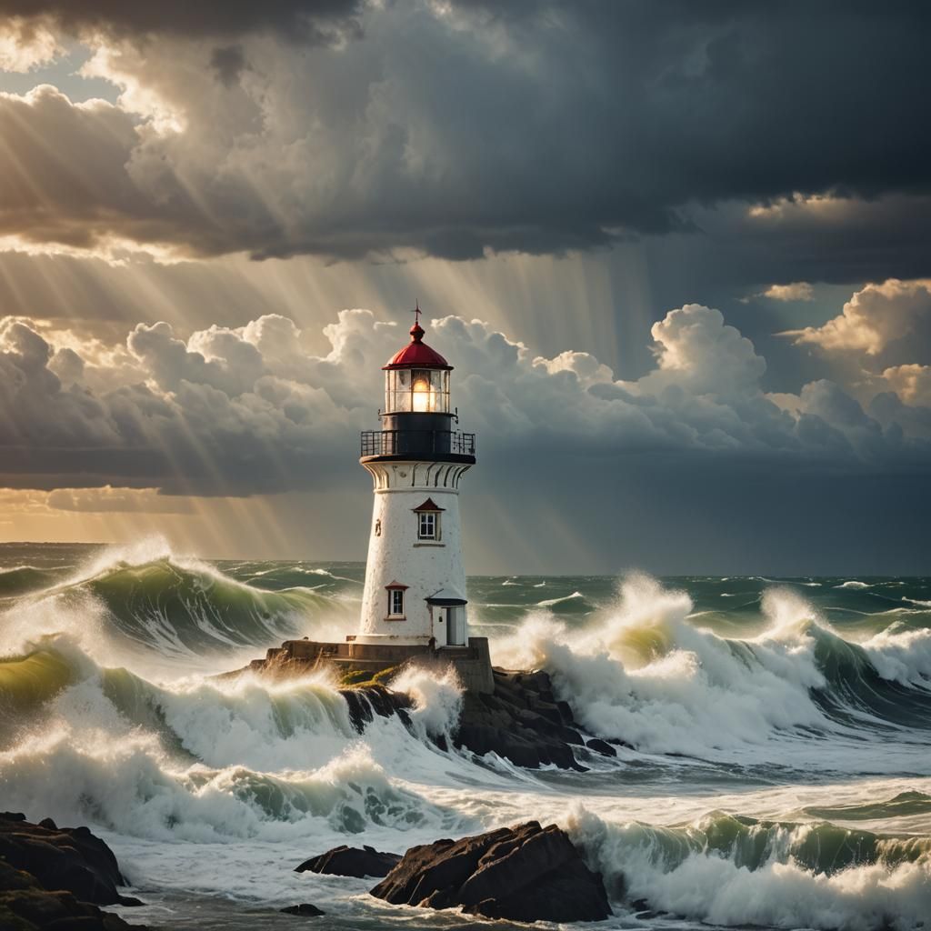 Lighthouse in Storm Waves with Divine Light