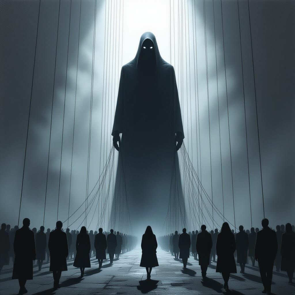 Orwellian Dystopia: Shadowy Control in Surreal Oil Painting