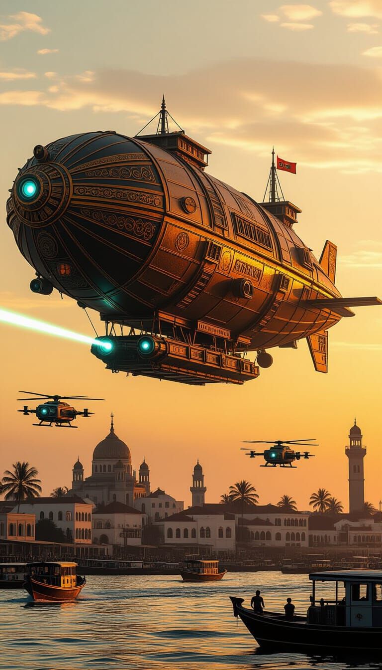 Swahili Steampunk Airship Over Mombasa at Sunset