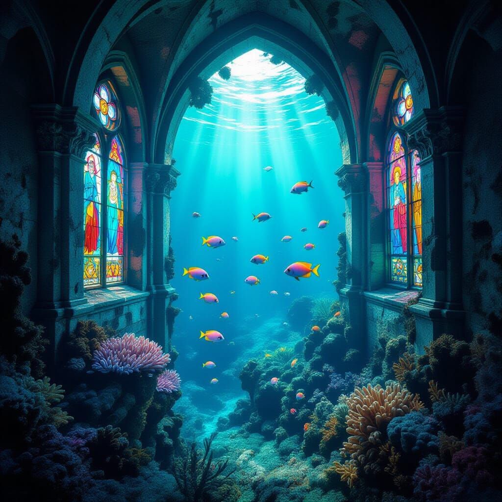 Bioluminescent Coral Reef in Bell Tower - Hyperrealistic Fan...