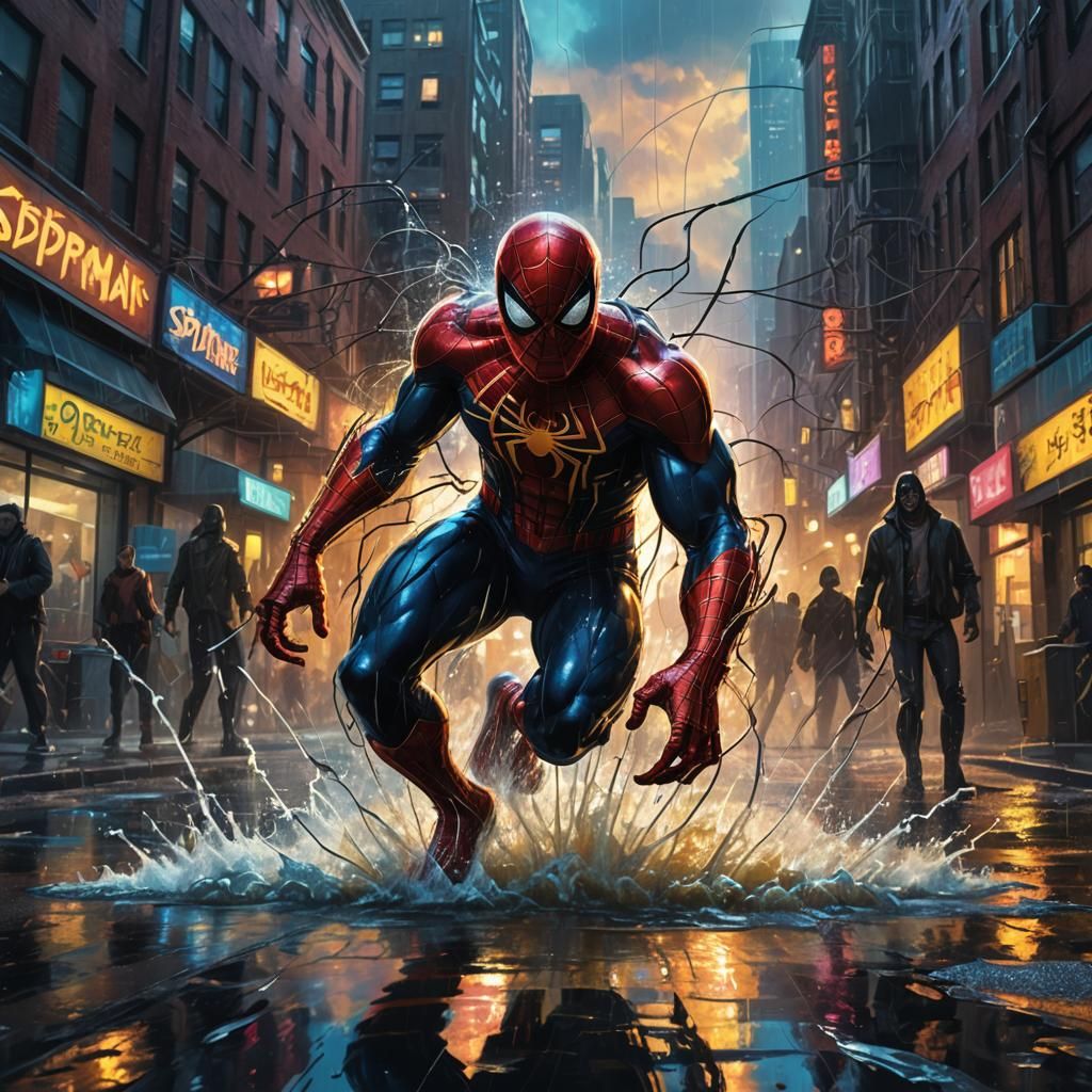 Spiderman Battles Villains in Flooded City, Oil Painting