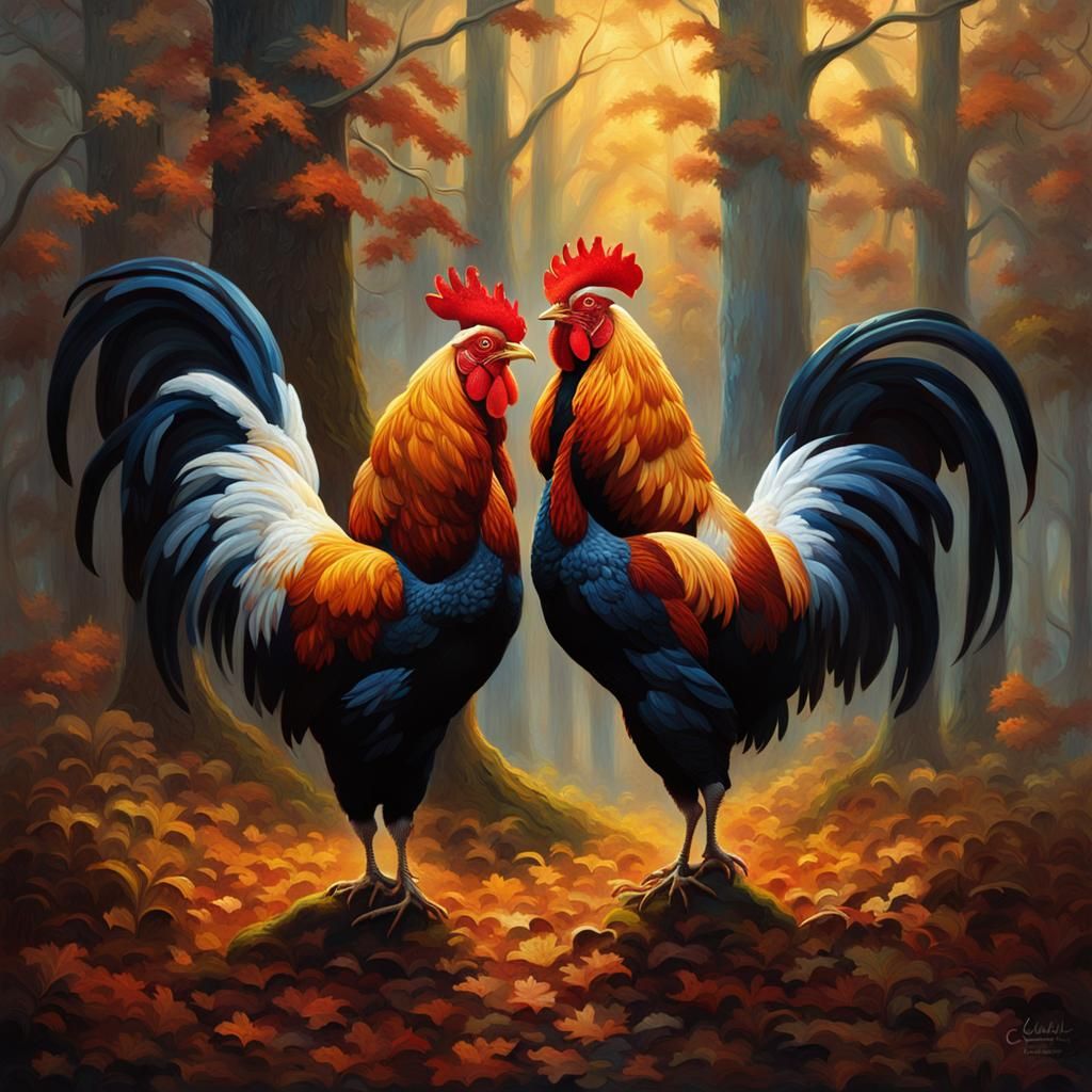Roosters in Misty Forest: Cinematic Oil Painting