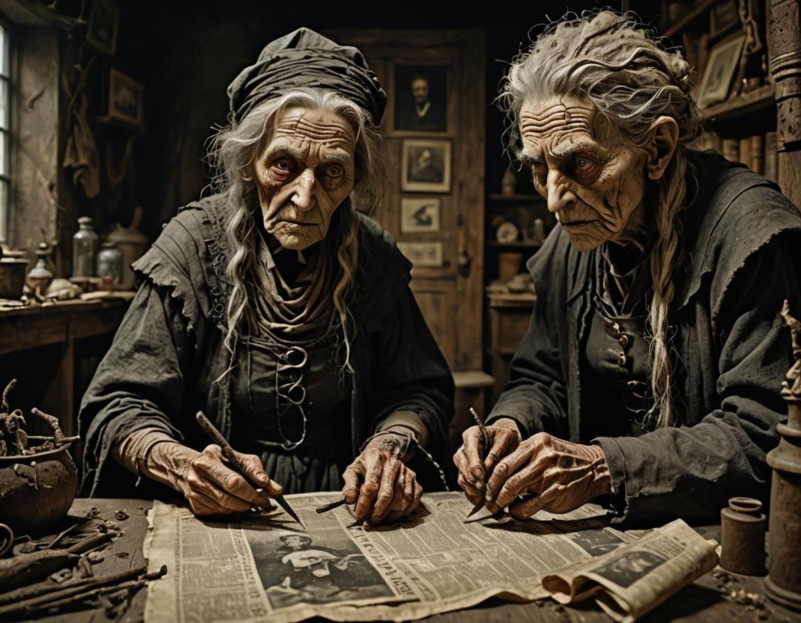 two old crones making newspaper cuttings