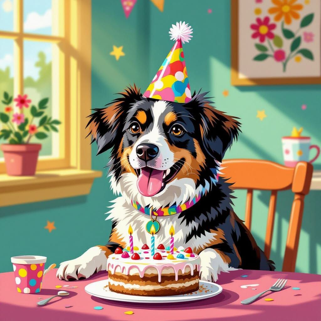 Dog's Birthday Party: Whimsical Art with Bold Lines
