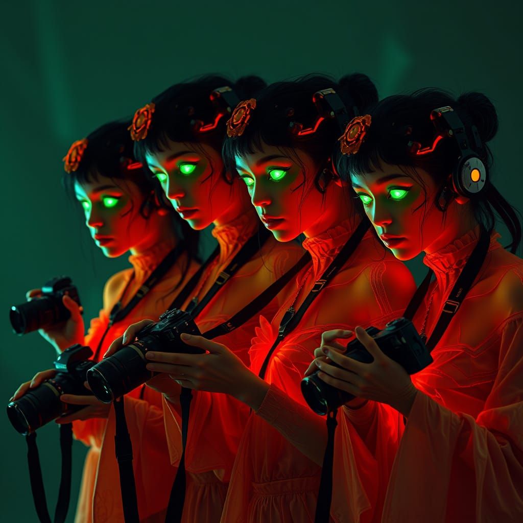 Surreal, Dreamlike Portrait of Four Japanese Women in Futuri...