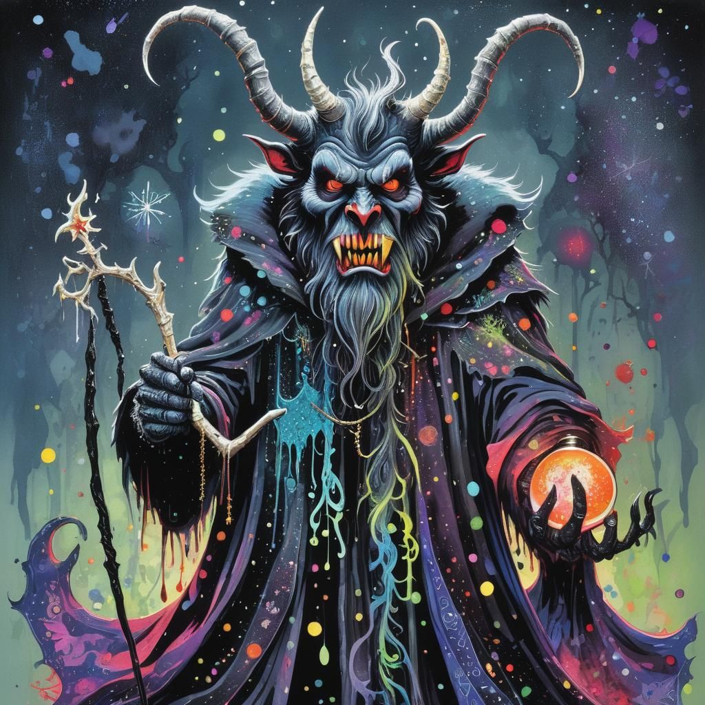 Whimsical Krampus in Pointillism Style with Cloak