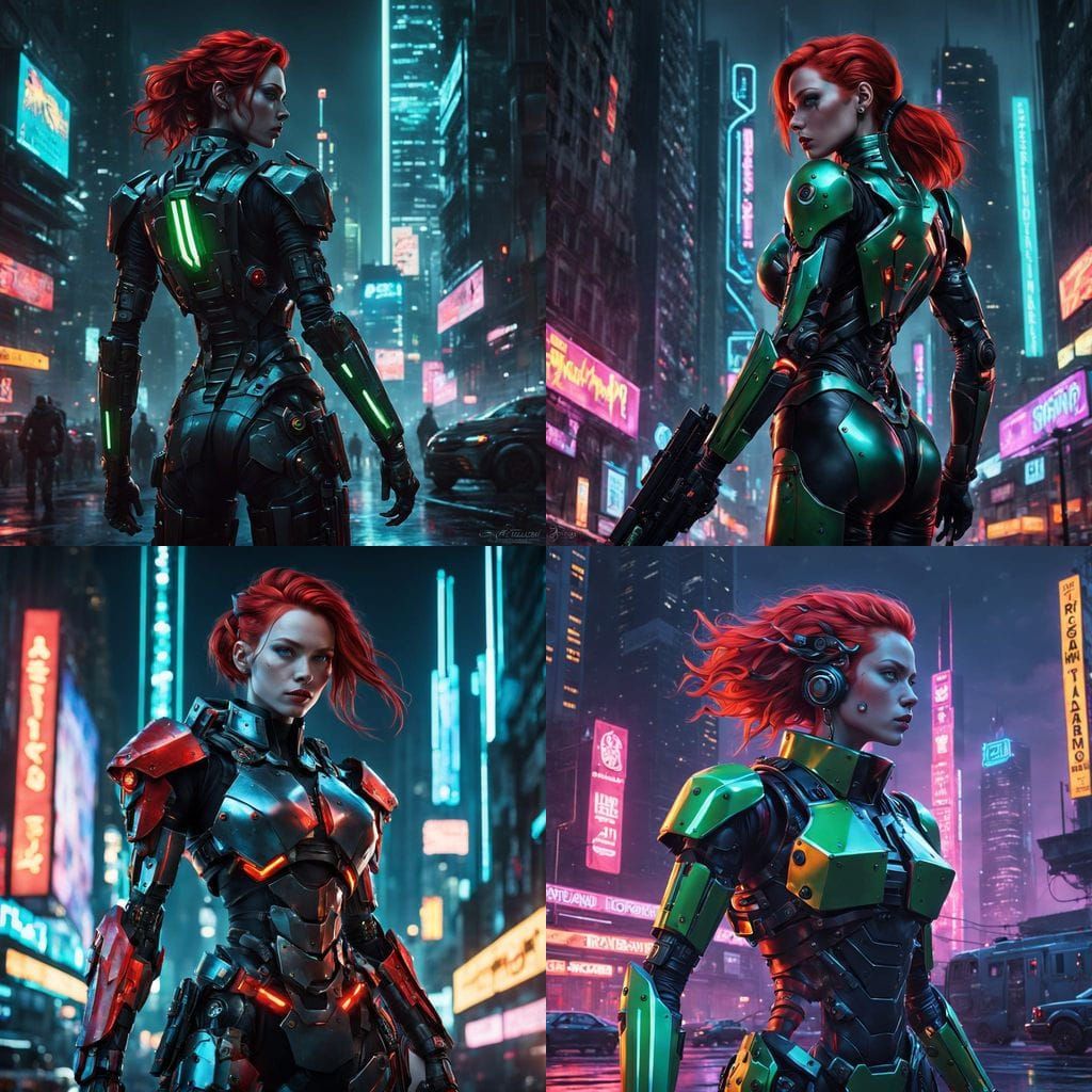 Cyberpunk Warrior in High-Tech Armor, Dystopian Cityscape
