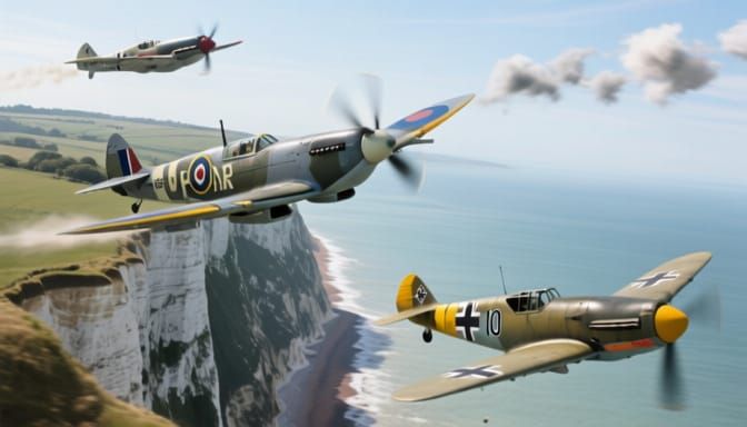 WWII Aerial Dogfight Over Dover Cliffs: Spitfire vs. Messers...