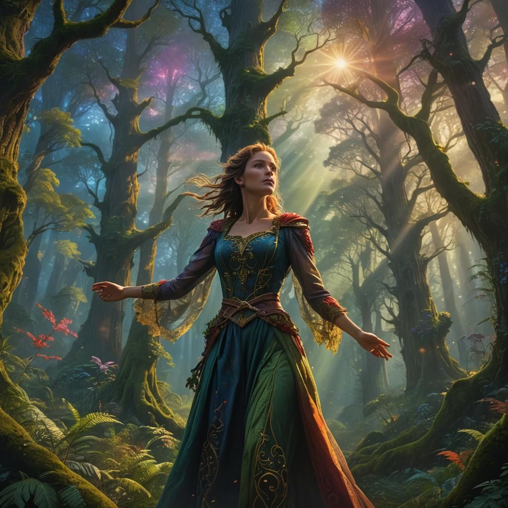 Triumphant Woman in Mystical Forest Landscape