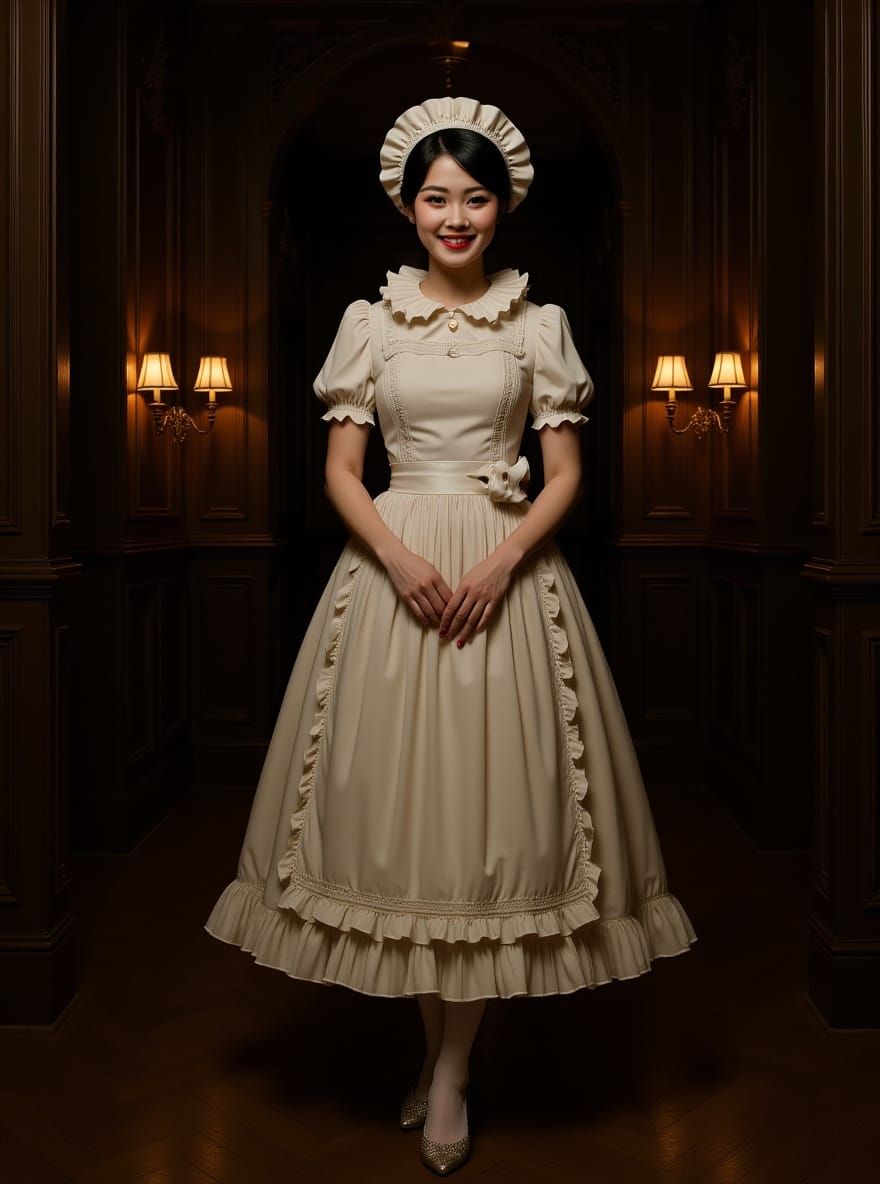 Elegant French Maid in Ornate Corridor, Art Nouveau Style