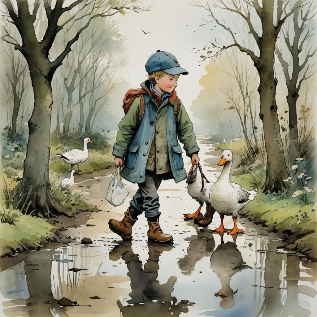 Boy and Goose Walking, Illustrated Style