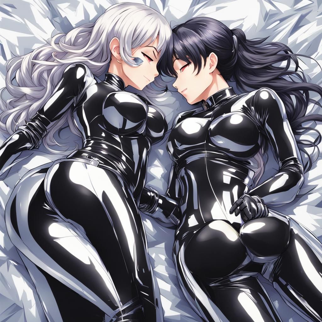 Metallic Haired Women Kissing in Anime Style
