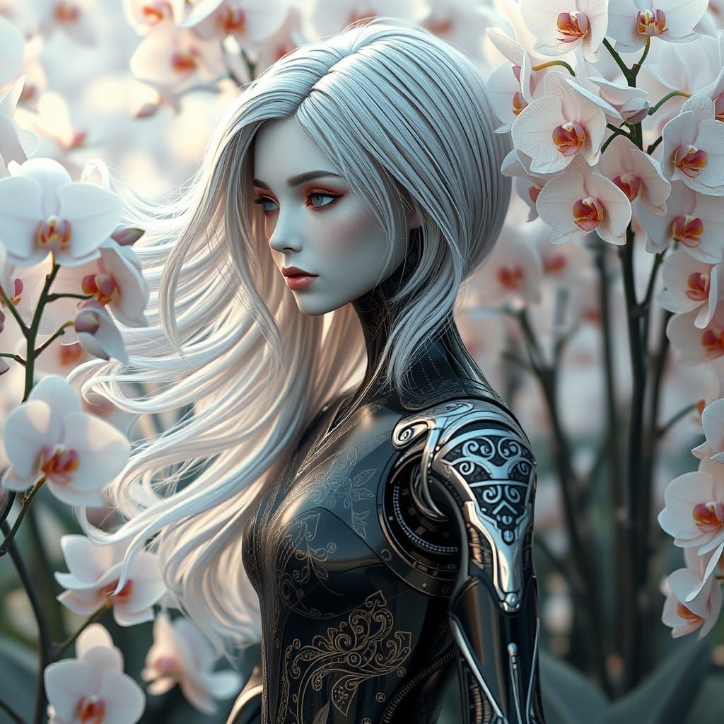 Ethereal Android in Art Nouveau Garden