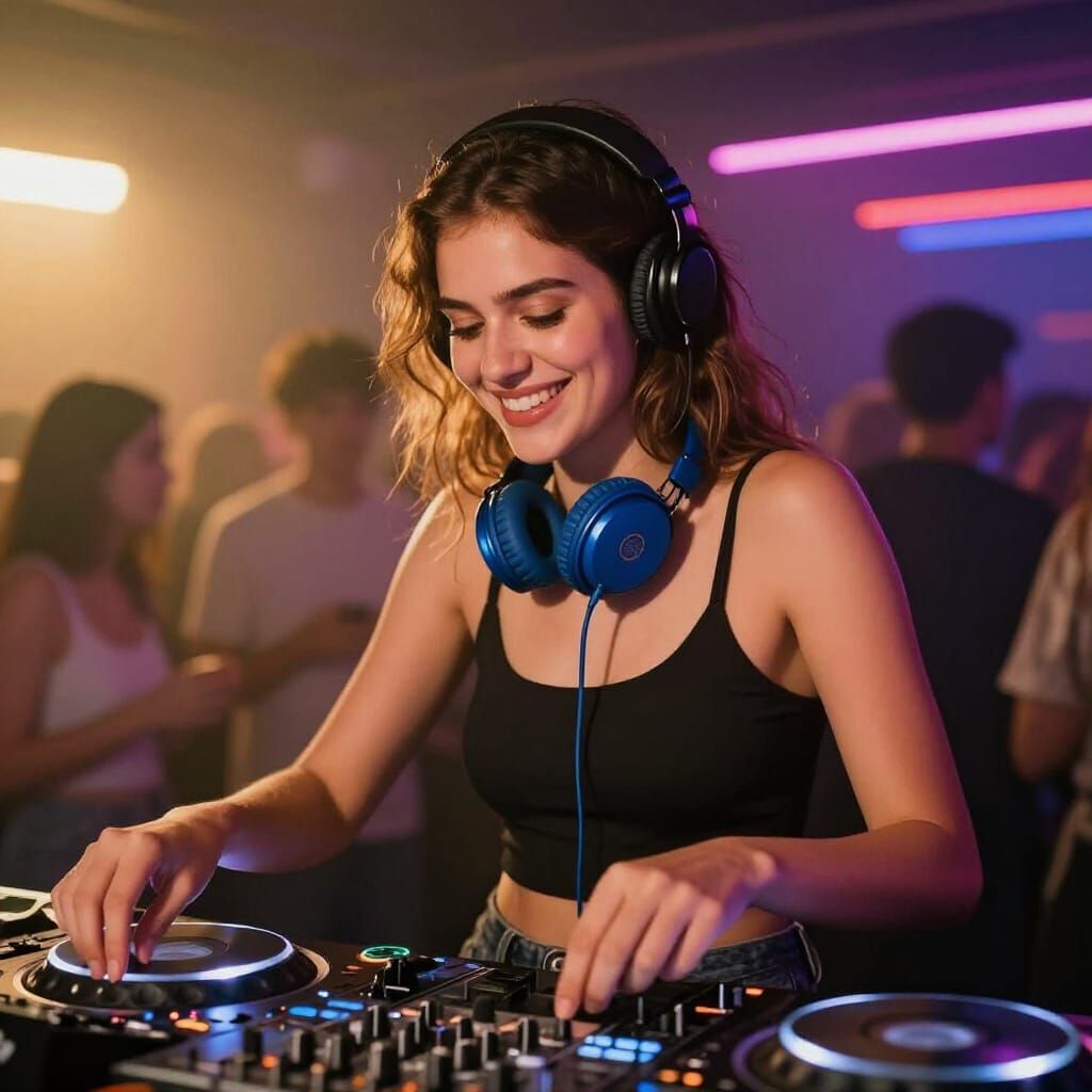 Happy DJ Woman at Vibrant Neon Party