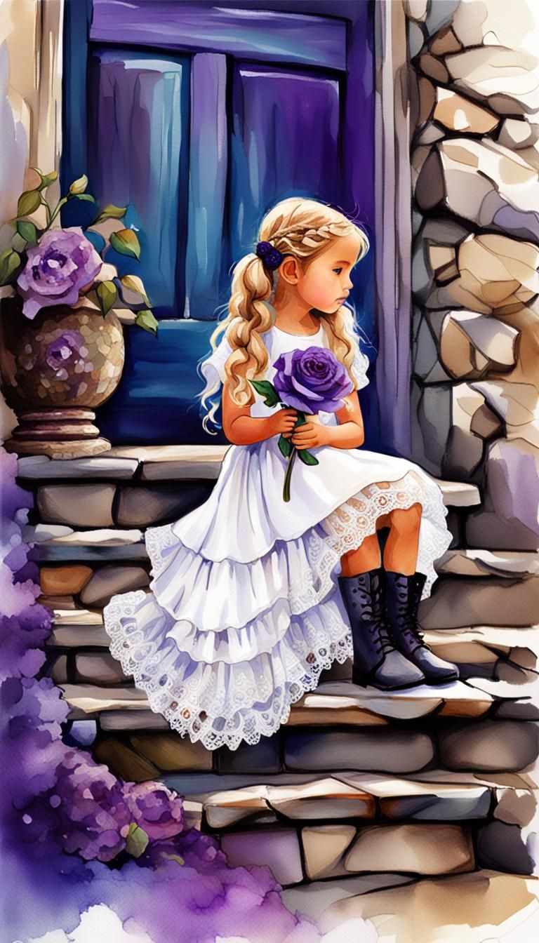 Girl with Rose on Stone Steps, Alcohol Ink Sketch