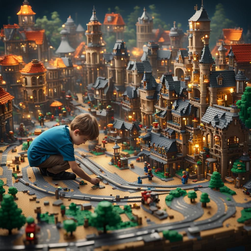 Boy Builds Complex Lego Town: Detailed Matte Painting
