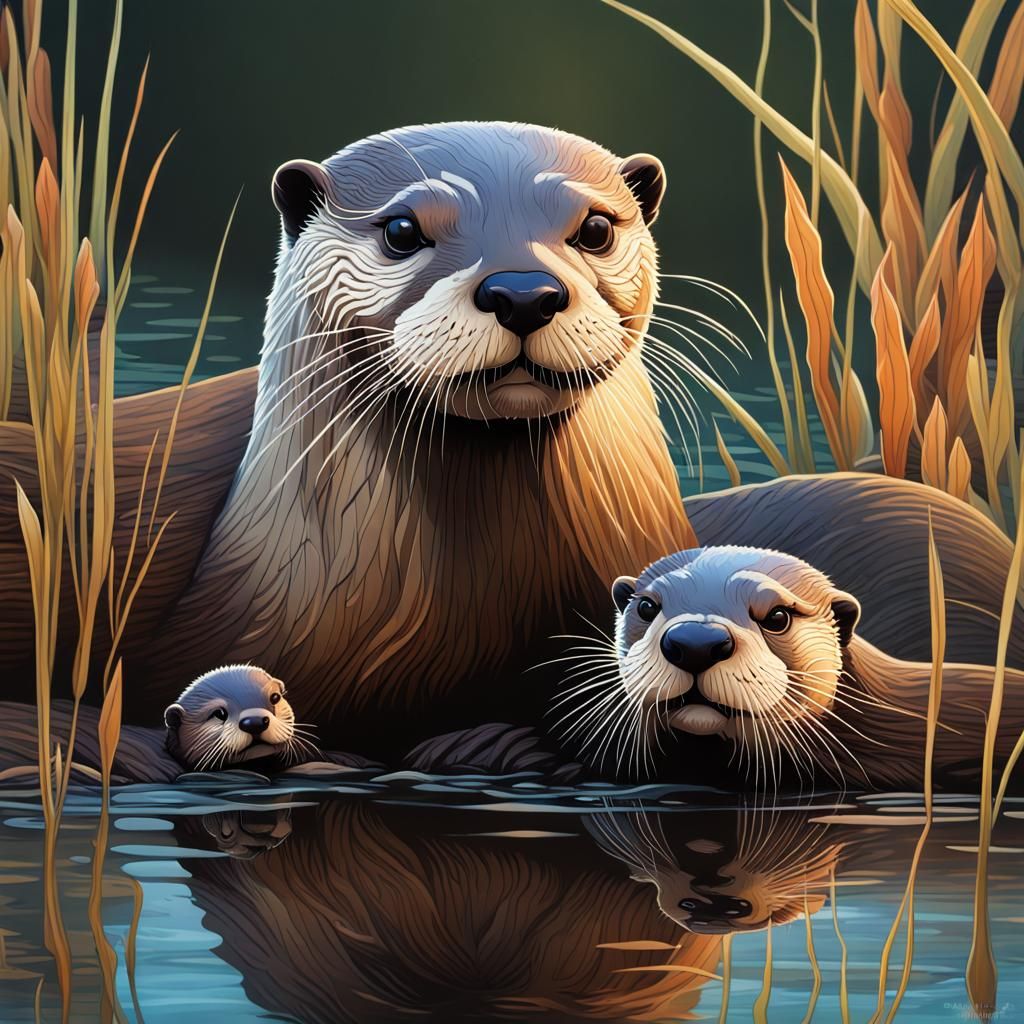 River Otter Mother and Pup in Pop Surrealism Style