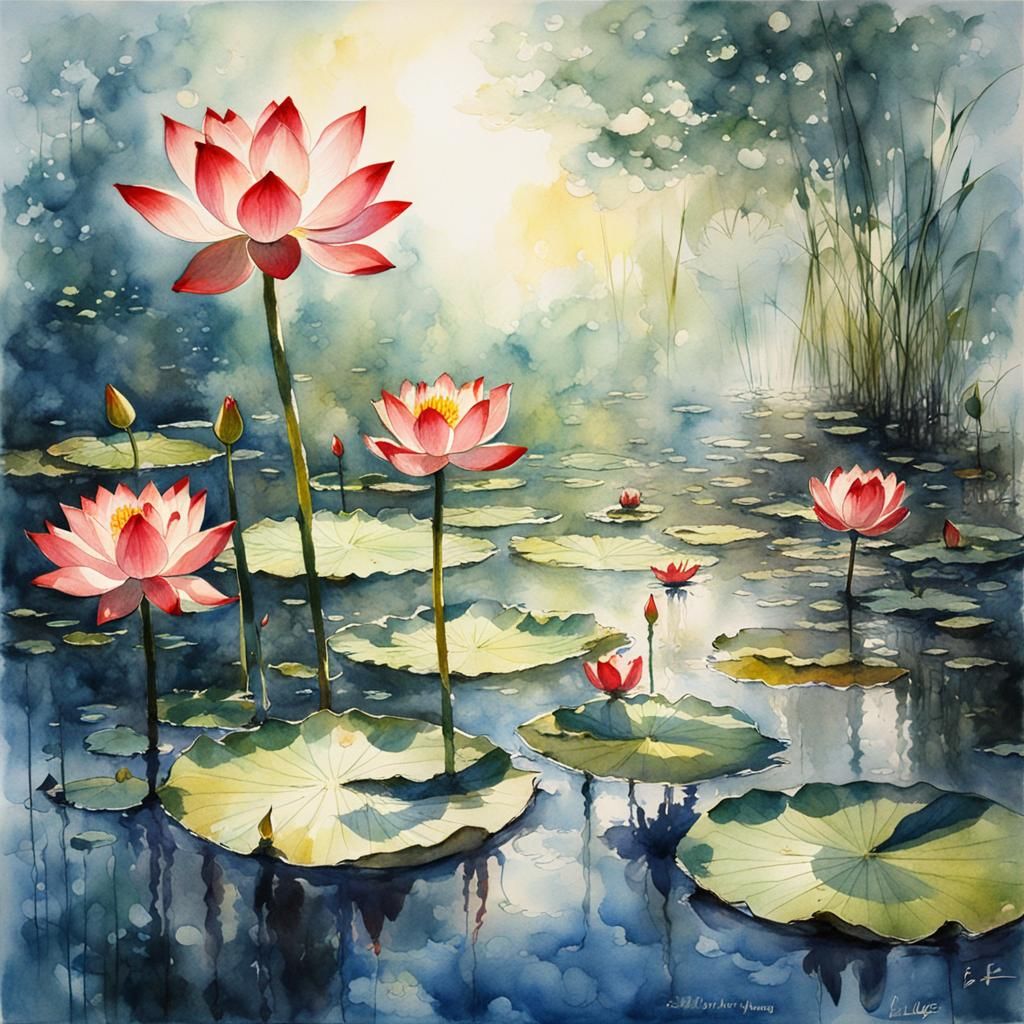 Sacred Lotuses in Sparkling Pond: Watercolor Painting