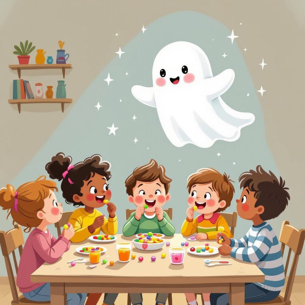 Children Enjoying Candy With Friendly Ghost Above