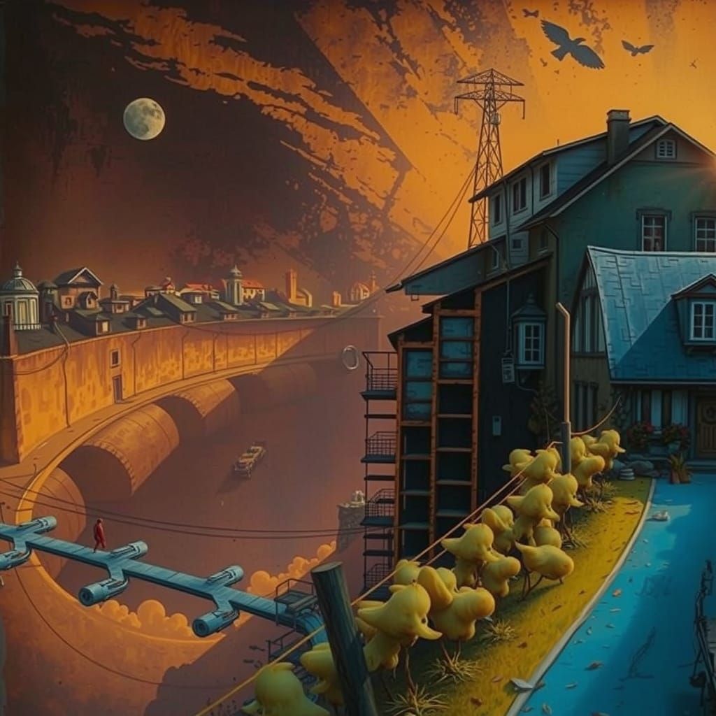 Dreamlike Village in Double Exposure Style