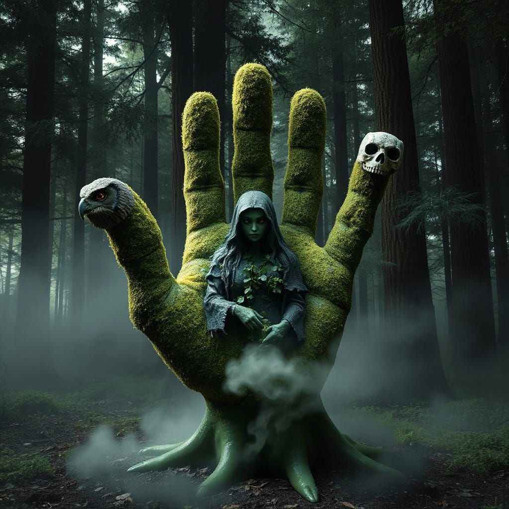 Mystical Moss-Covered Hand Emerging from Misty Forest