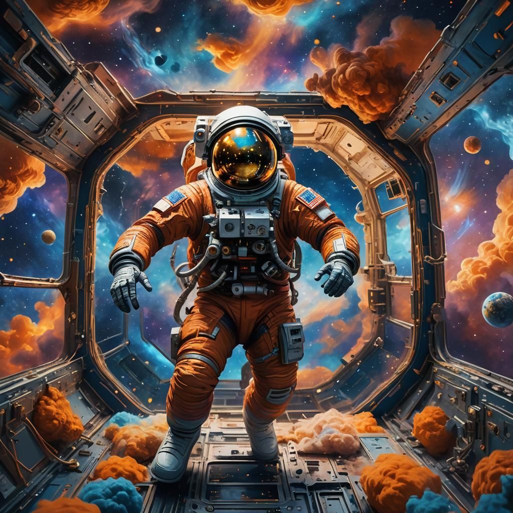 Masterpiece Impressionist Space Scene with Cosmic Astronaut