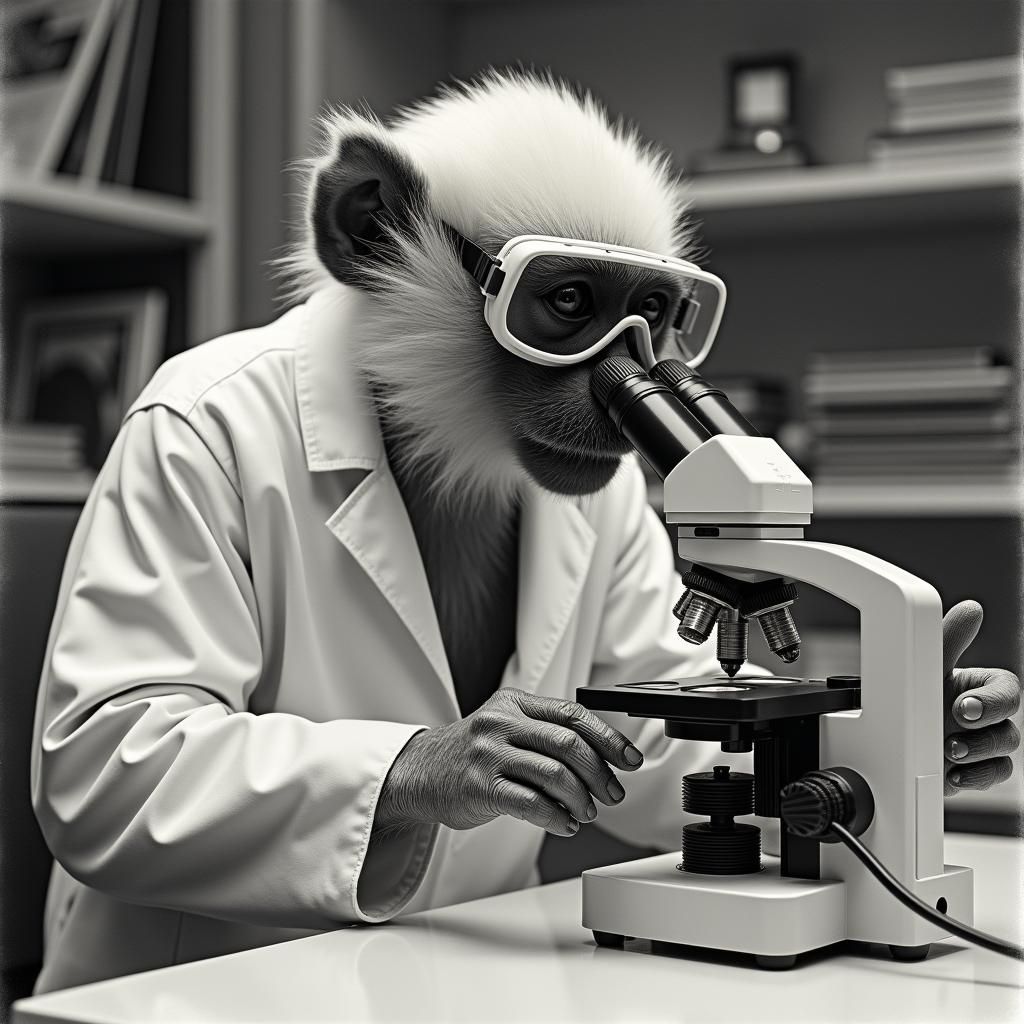 Monkey Scientist in Lab, as Charcoal Drawing