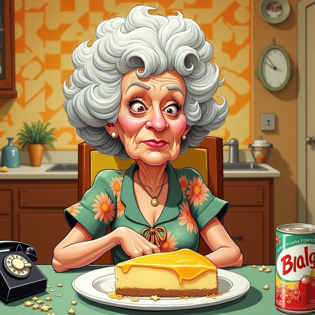 illustrated Caricature of Bea Arthur sporting a worn expression, rolls her eyes in exasperation,
cheesecake on the kitch...
