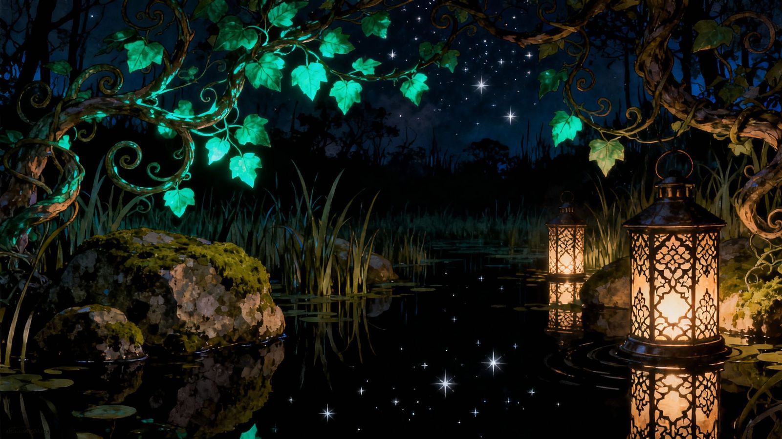 Mystical Marsh Scene with Glowing Vines and Lanterns