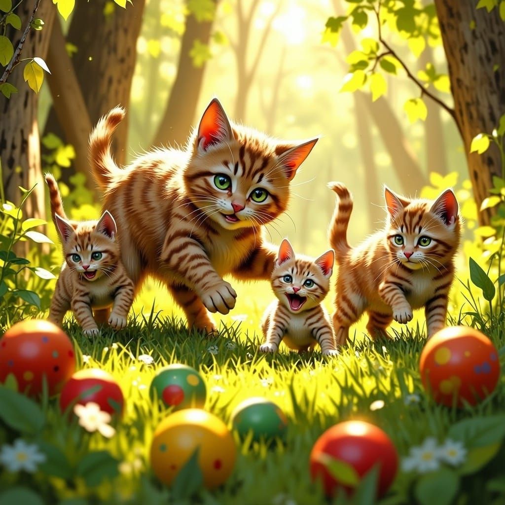 Mother Cat and Kittens Play in Sunny Meadow
