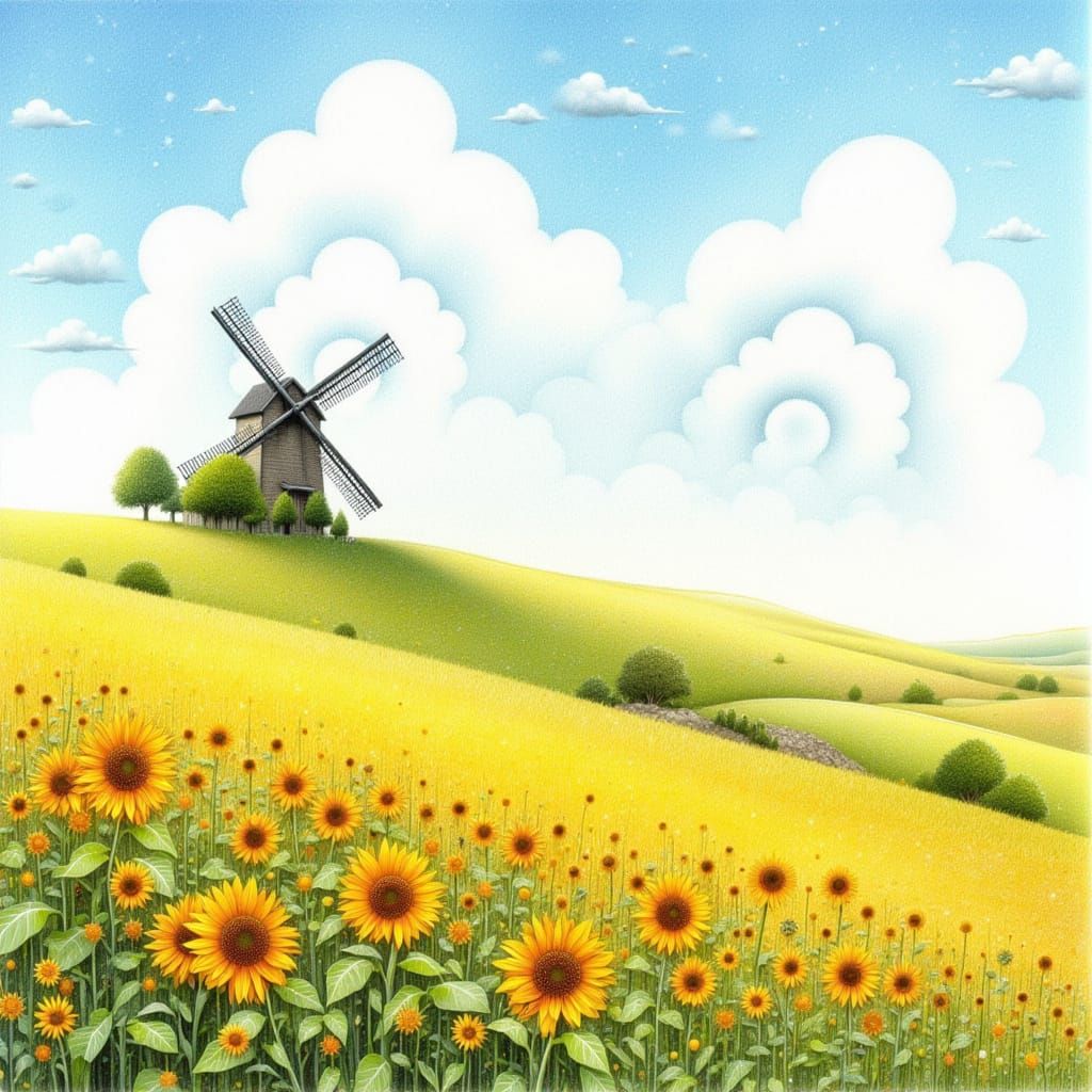 Windmill Overlooking Sunflower Field in Watercolor Style