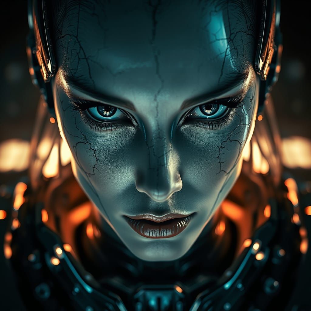 Cyberpunk Woman with Shattered Glass Skin in Futuristic Armo...