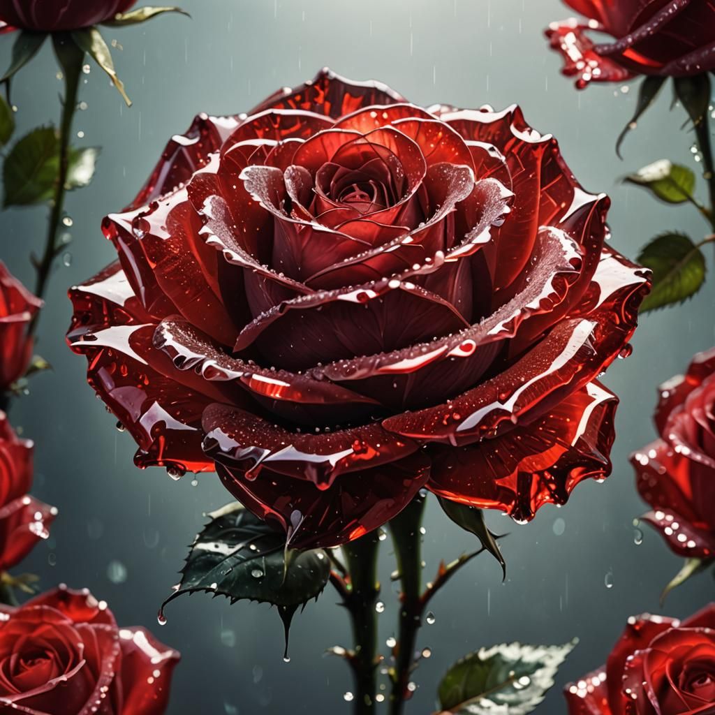 Luminescent Red Crystal Rose in Sunlight: Hyperrealistic Pho...