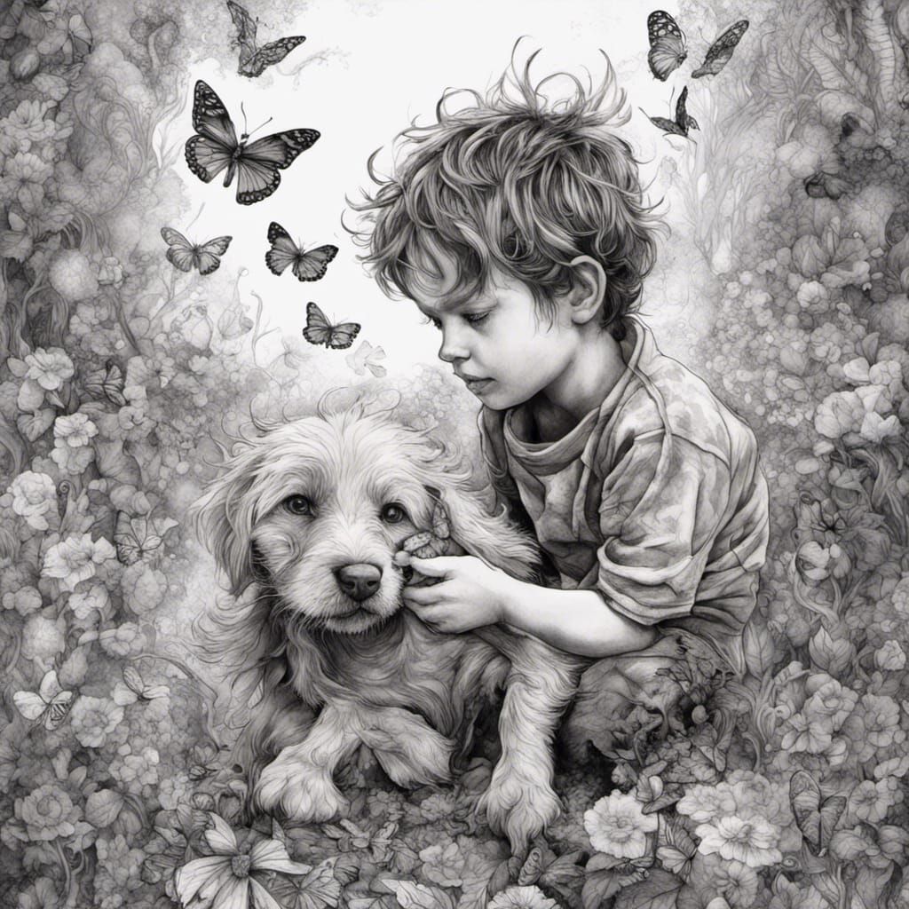 Boy and Puppy Play: Fantasycore Ink Drawing