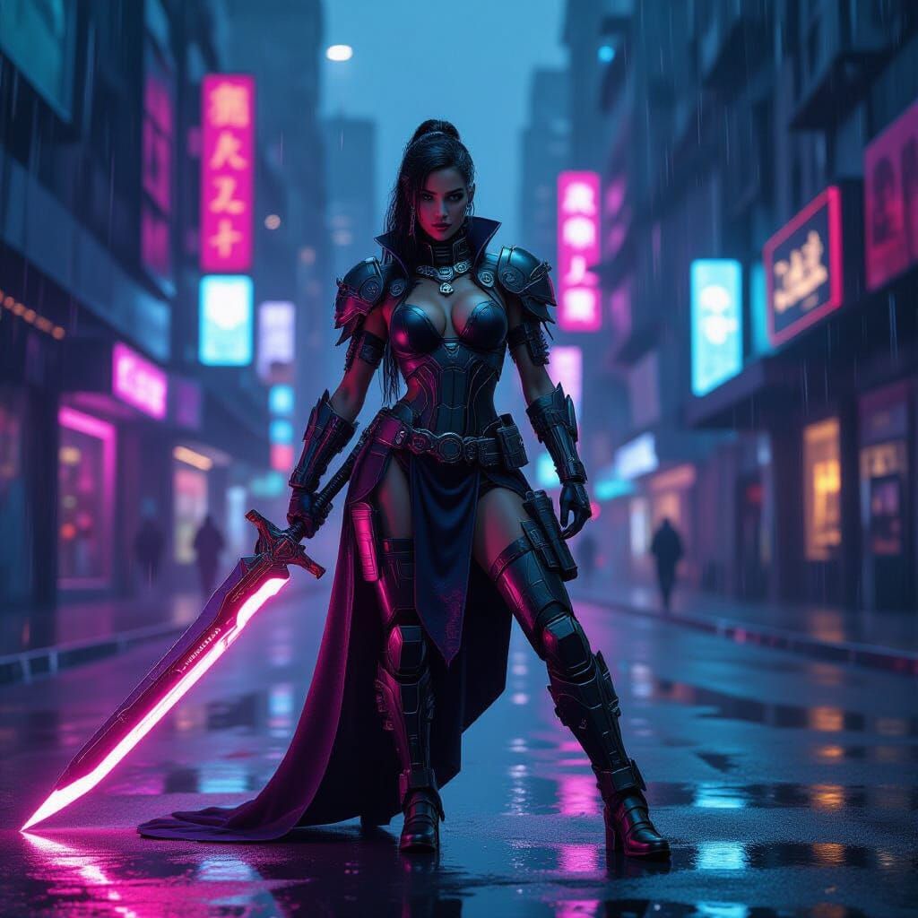 Cyberpunk Princess Warrior in Neon City