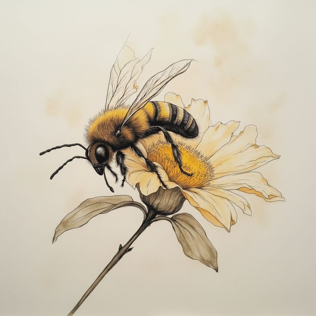 Macro Ink Wash Bee on Pollen-Rich Flower