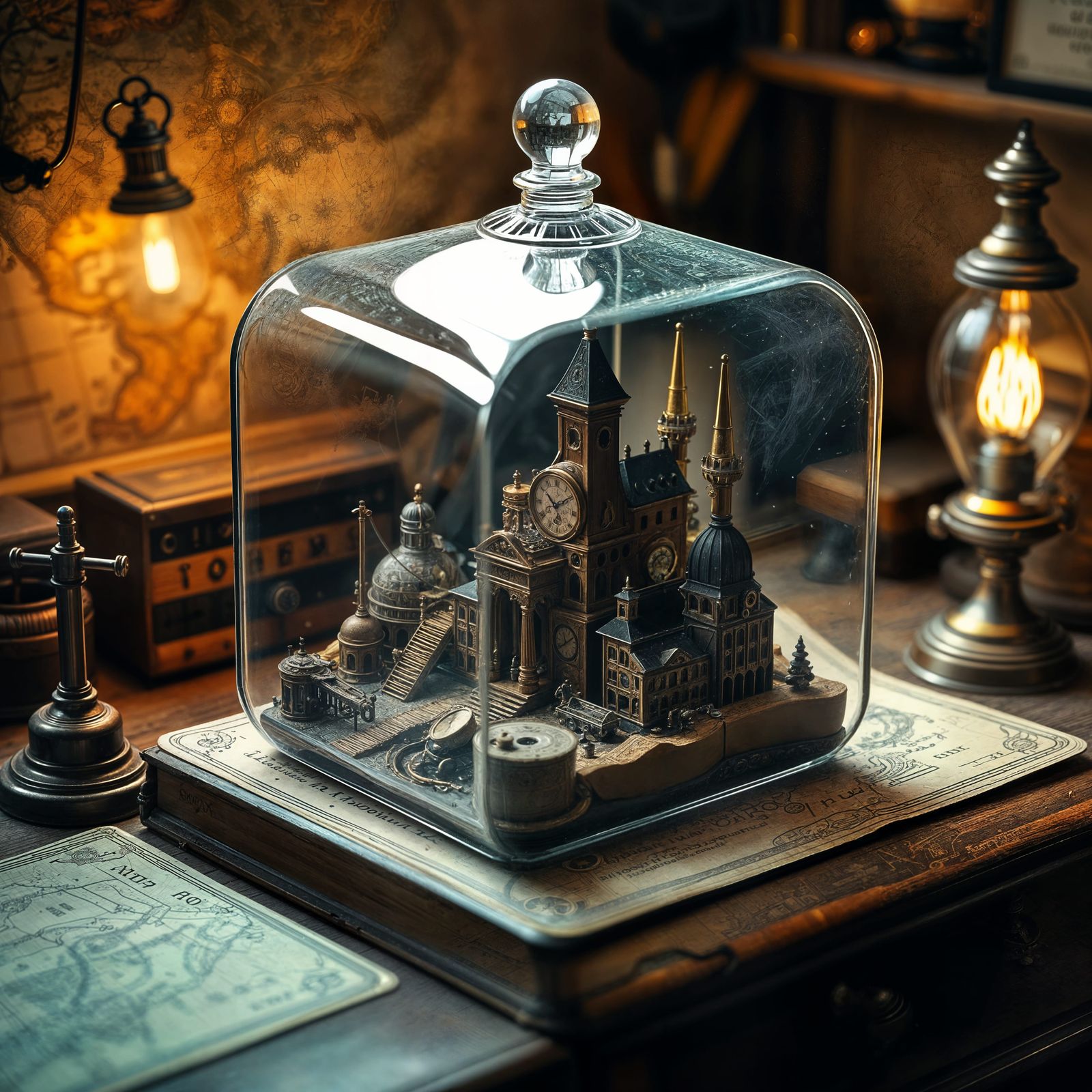 Steampunk City in Glass Terrarium: Whimsical Art
