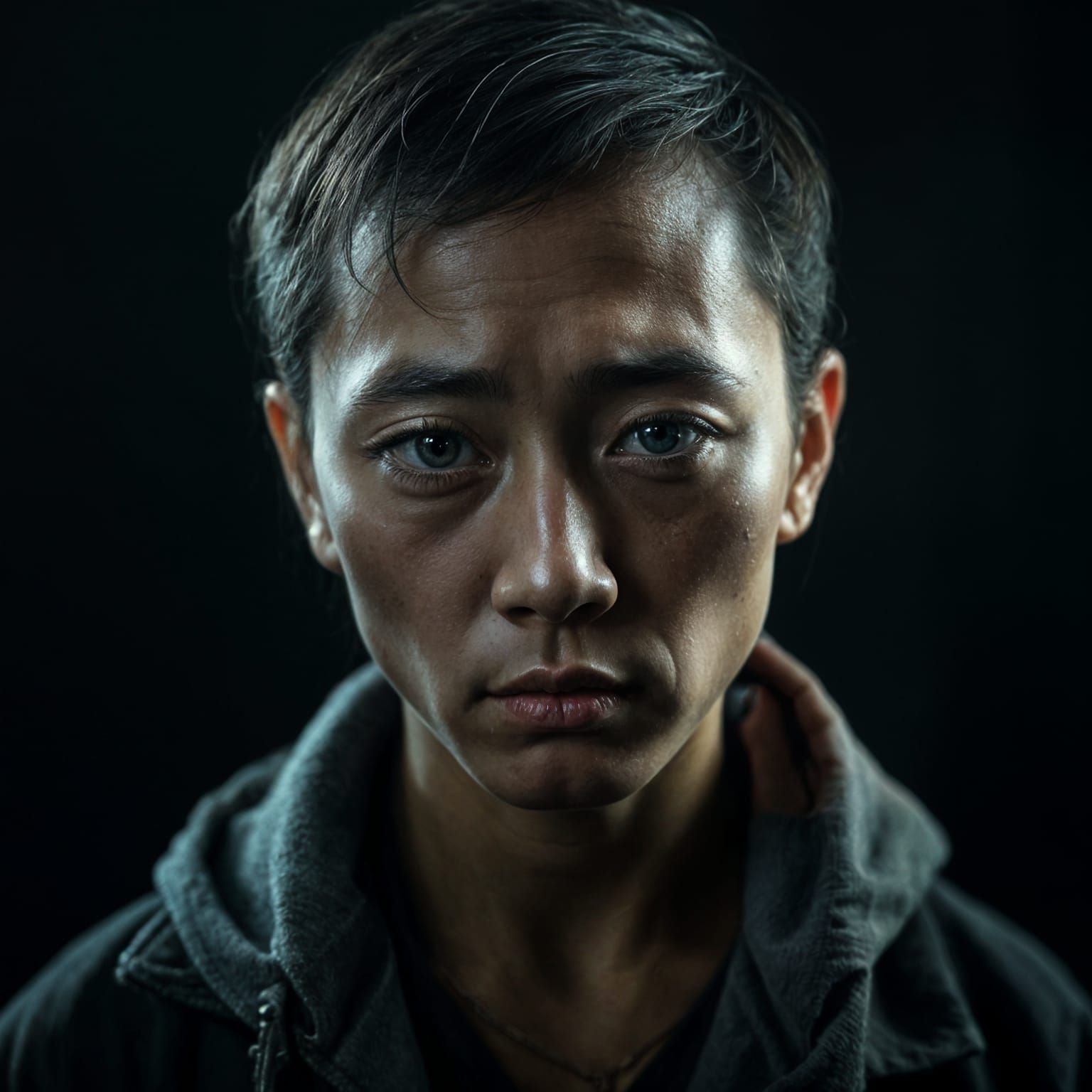 Melancholic Portrait with Glistening Eyes in Cinematic Style